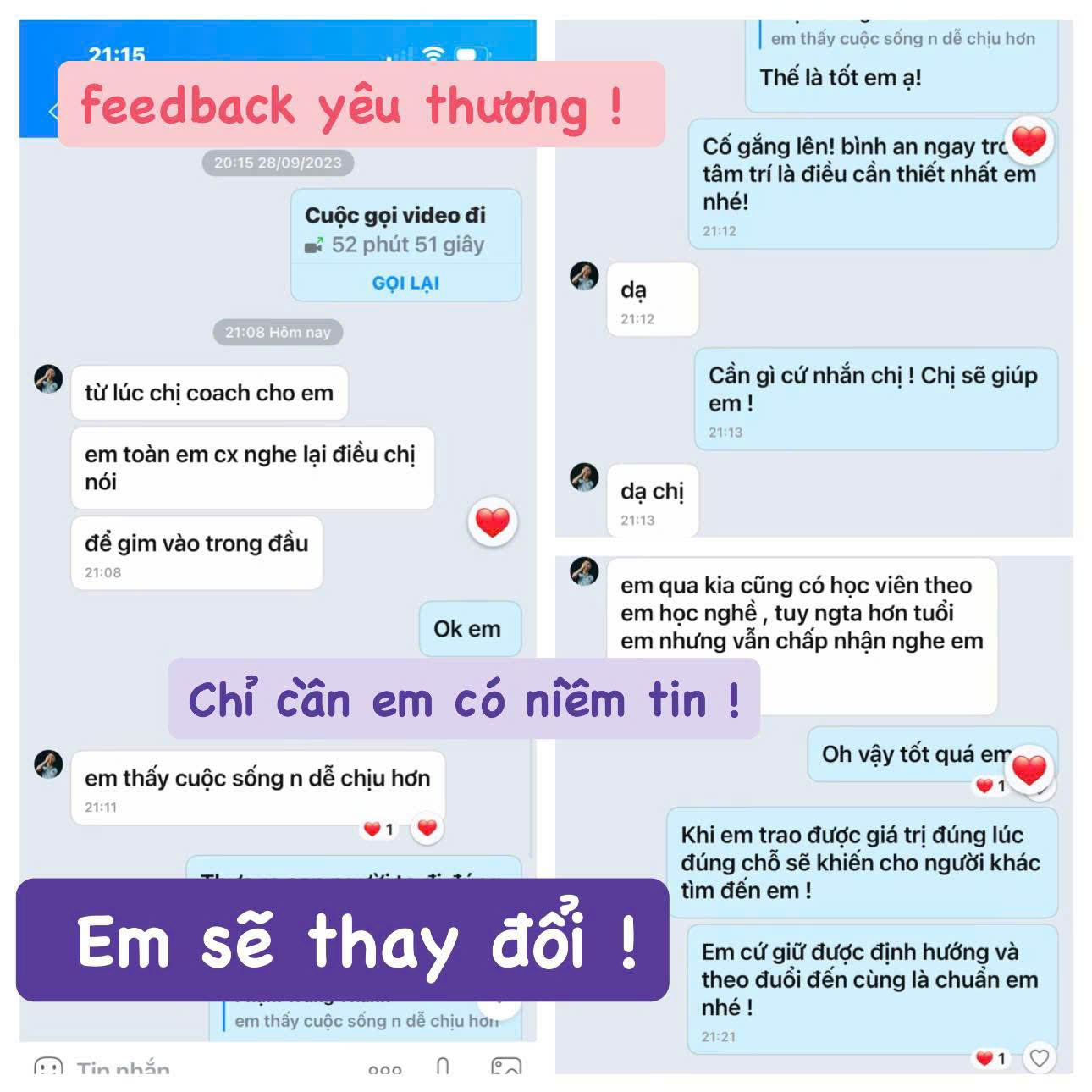 Tin nhắn phản hồi của khách hàng sau khi được coaching 1-1